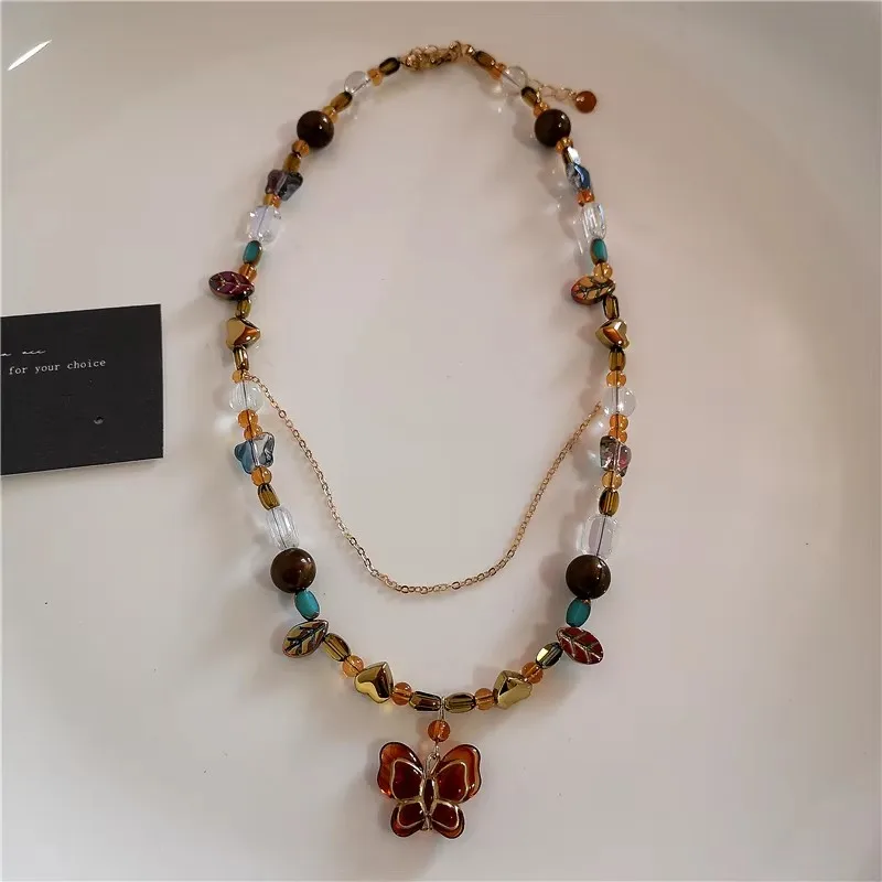 Цветное колье ручной работы из бисера акриловая бабочка металлическое ожерелье