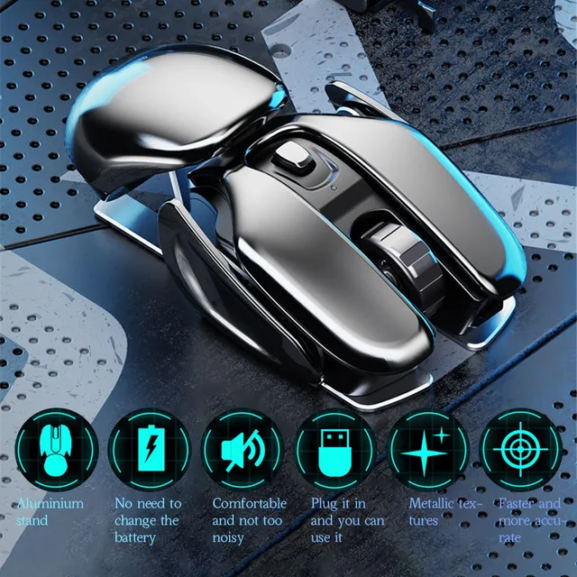 PX2 Metal 2.4G Rechargeable Wireless Mute 1600DPI Mouse 6 Buttons for PC Laptop Computer Gaming Office Home Waterproof Mouse 1