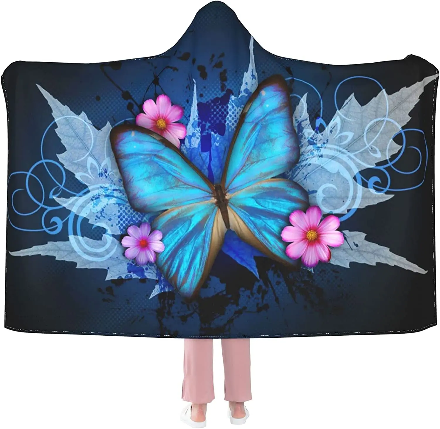 

Blue Butterfly Hooded Blanket Anti-Pilling Flannel Wearable Blanket Hoodie-Plush Warm Throw Blankets Fit for Kids Adults Teens