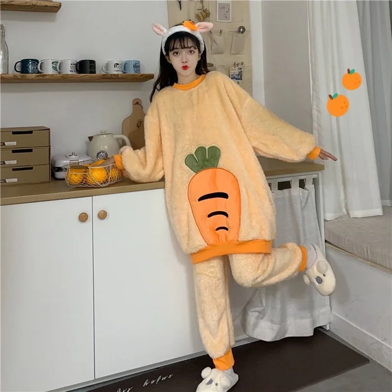 QWEEK Pajamas for Women Winter Carrot Coral Fleece Pijamas Large Size Pyjamas Velvet Suit 2 Piece Set Women Nightwear Sleepwear