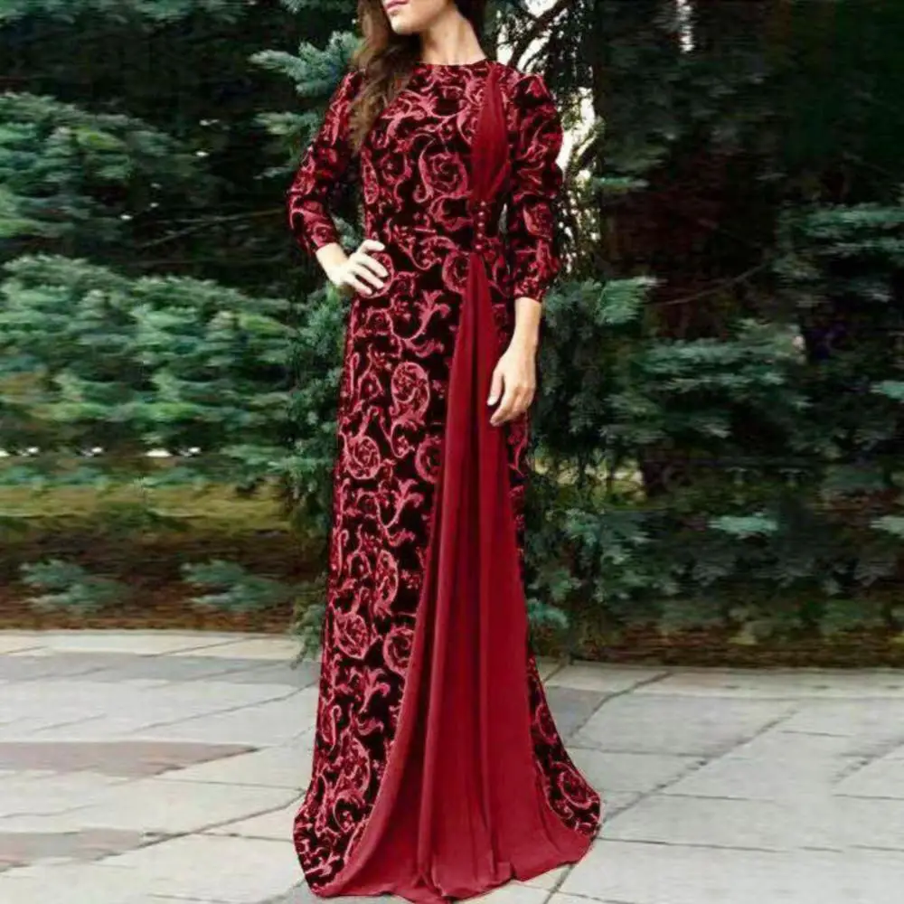 

3/4 Sleeve Dress Women Evening Party Medieval Floral Print Maxi Gown