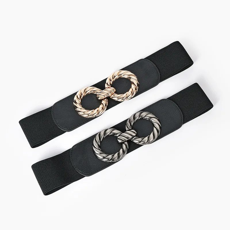 

Black Elastic Belts for Women Fashion Dress Classic Retro Double Circle Round Buckle Female Belt Luxury Brand Width Woven Belts