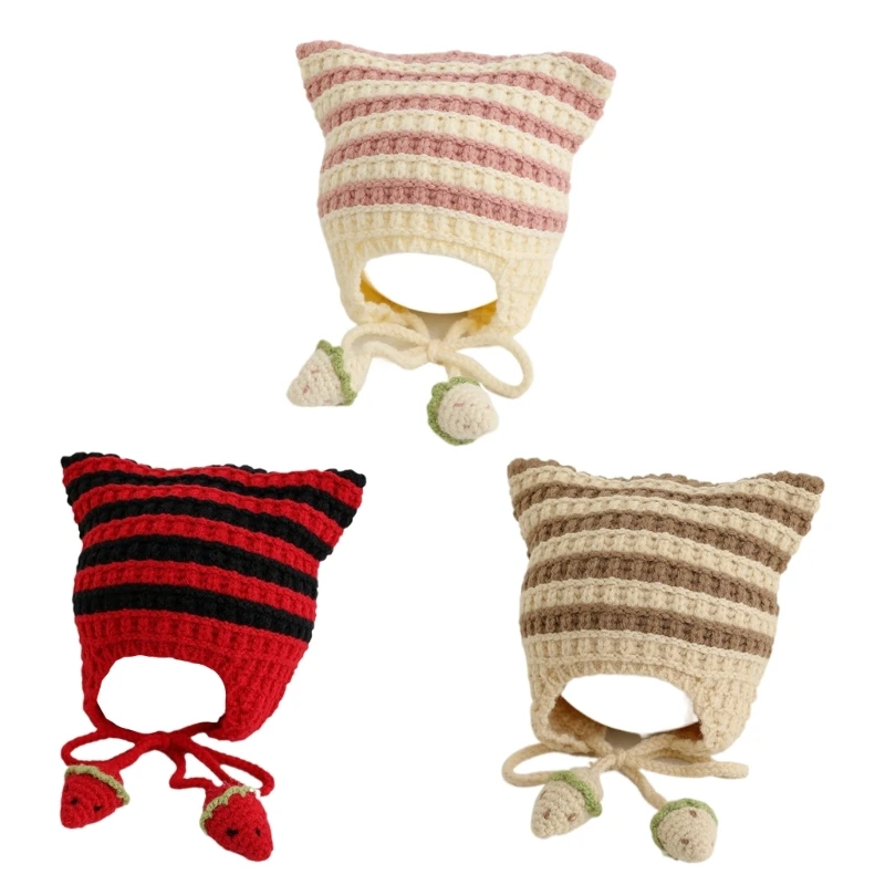 

Cat Ear Baby Hat Children Striped Knitted Hat with Double Ears & Chin Strap H37A
