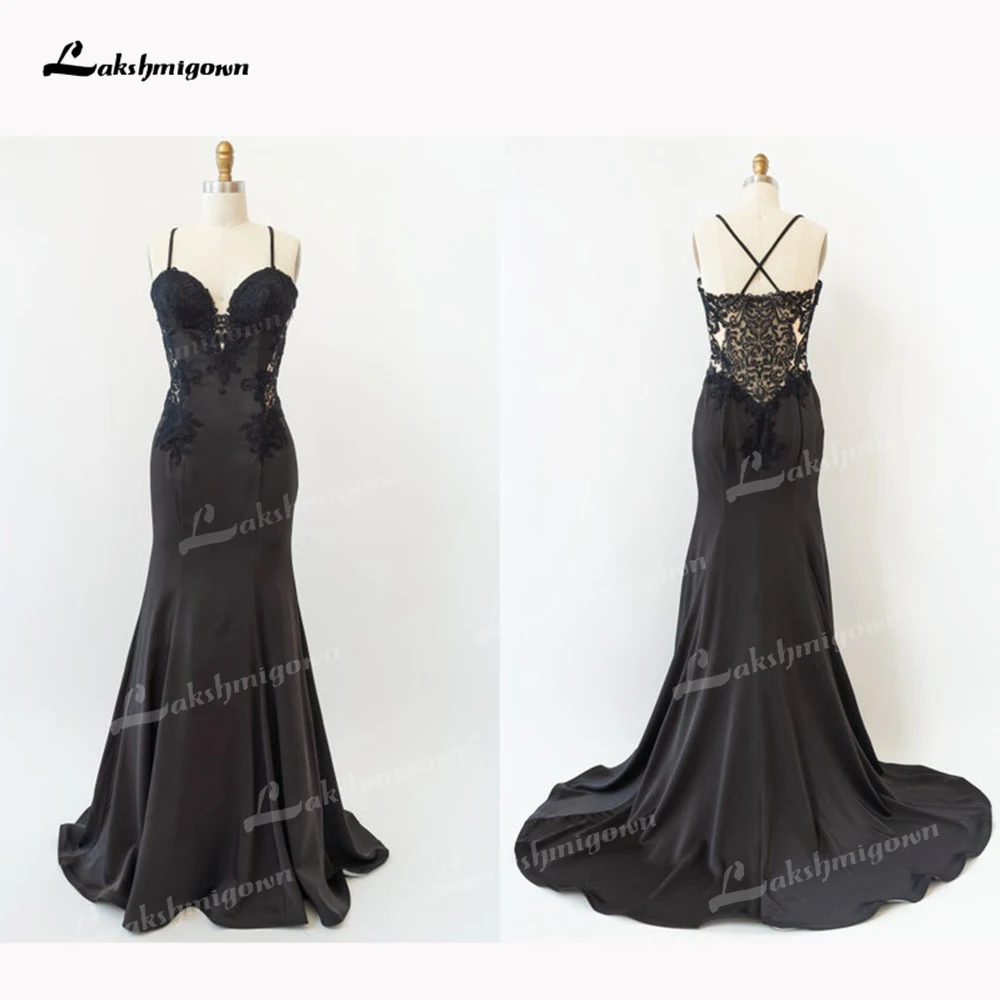 

Boho Black Wedding Dress Sweetheart Mermaid Sexy Wedding Gown Spaghetti straps Appliques vestido de noiva praiano