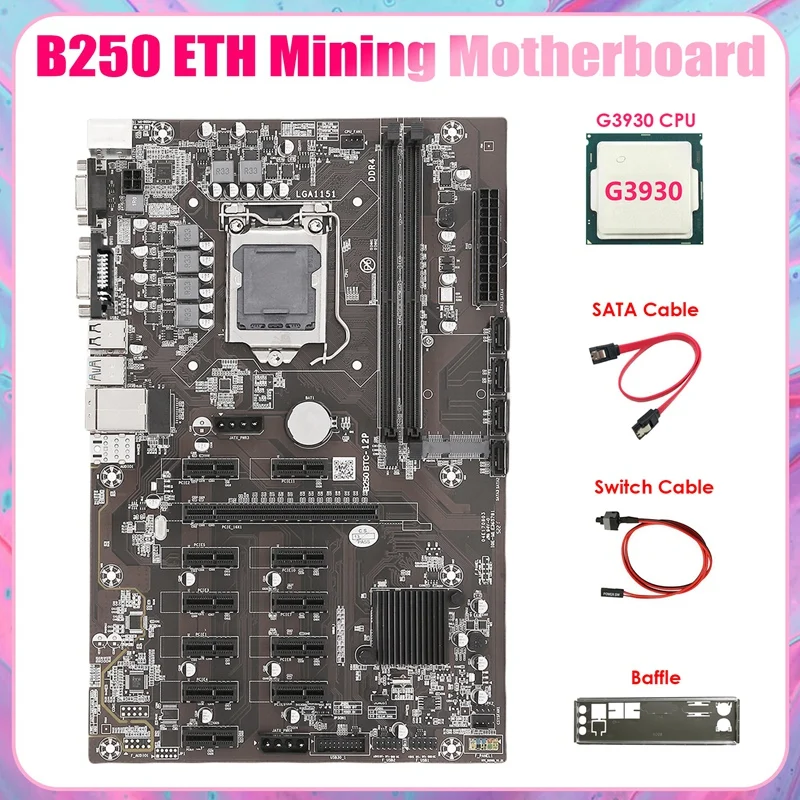 B250B ETH Mining Motherboard+G3930 CPU+SATA Cable+Baffle+Switch Cable LGA1151 DDR4 12XGPU Slot MSATA For BTC