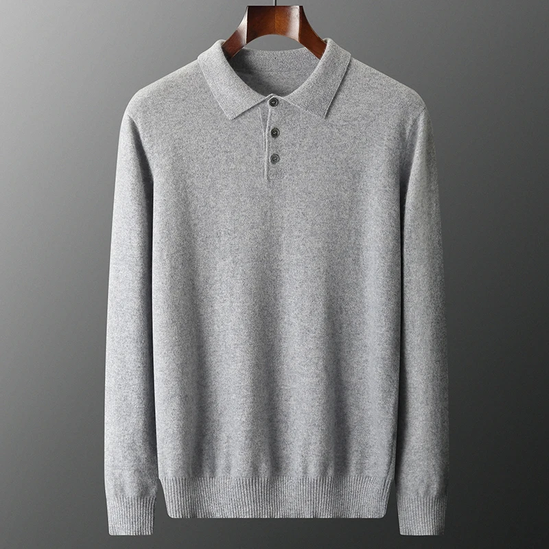 100% Cashmere Knitted Pullover Winter Autumn Men Sweaters POLO Collar Full Sleeve Jumpers Solid Color Male Clothes