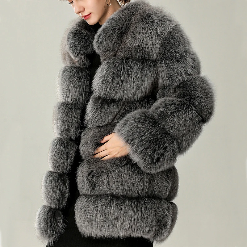 High Quality Winter Thick Warm Women Fluffy Coat Stand Collar Faux Fur Jacket Silver Fox Fur Coats Luxury Fashion Overcoat