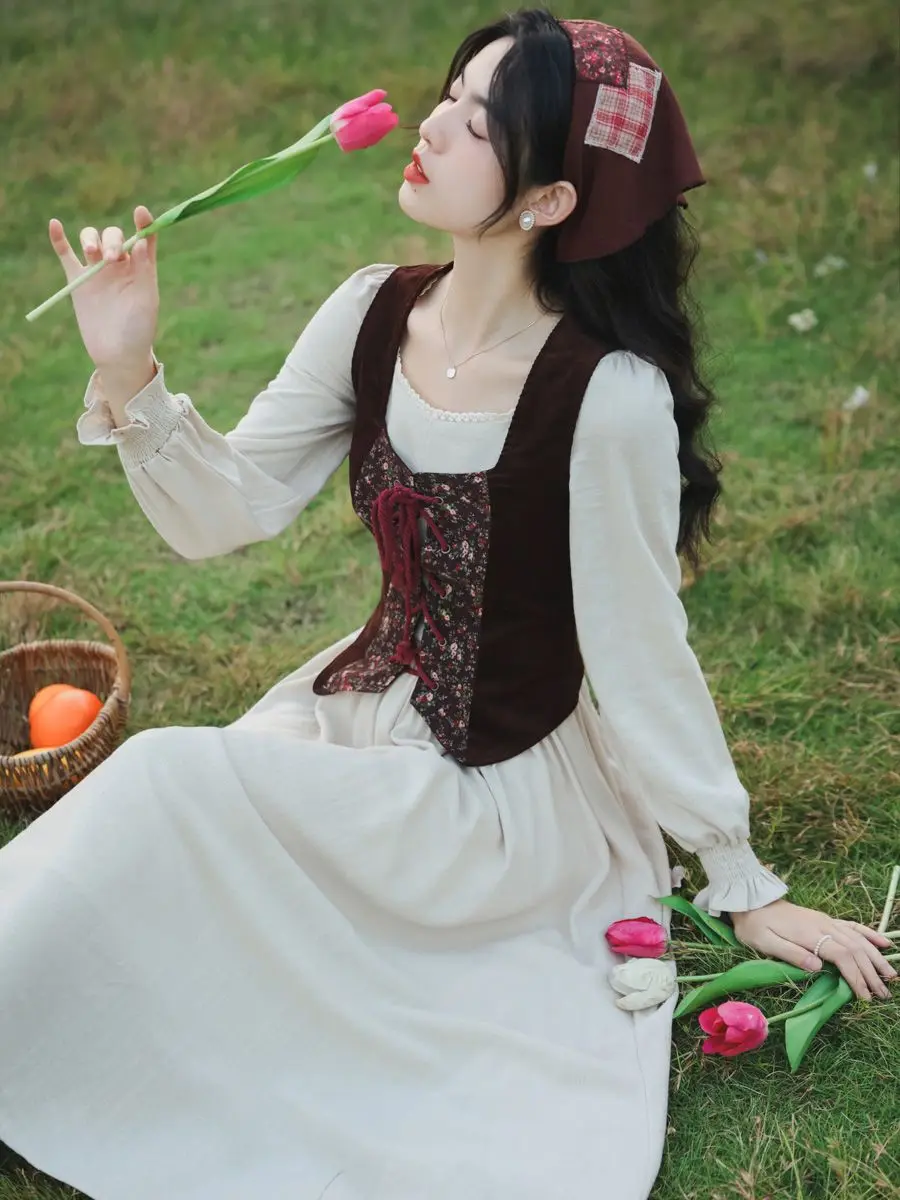 Длинное платье MAGOGO из хлопка и льна в французском пасторальном стиле женское