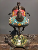 13 tibetan temple collection old bronze cloisonne enamel three crane heads tread double head dragon turtle incense burner