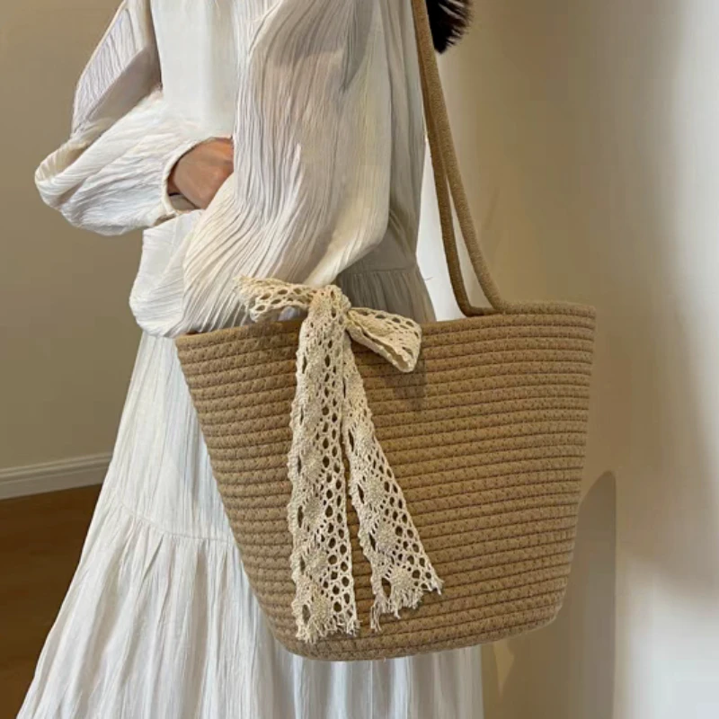 Плетеная соломенная сумка для женщин вместительный пляжный тоут на ремне с