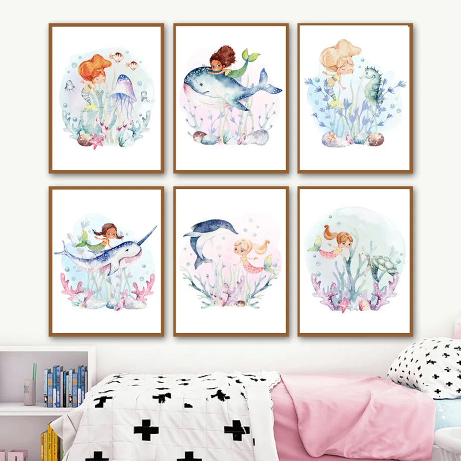

Watercolor Under the Sea Mermaids Ocean Animals Wall Art Print Canvas Painting Nordic Poster Wall Pictures Baby Kids Room Decor