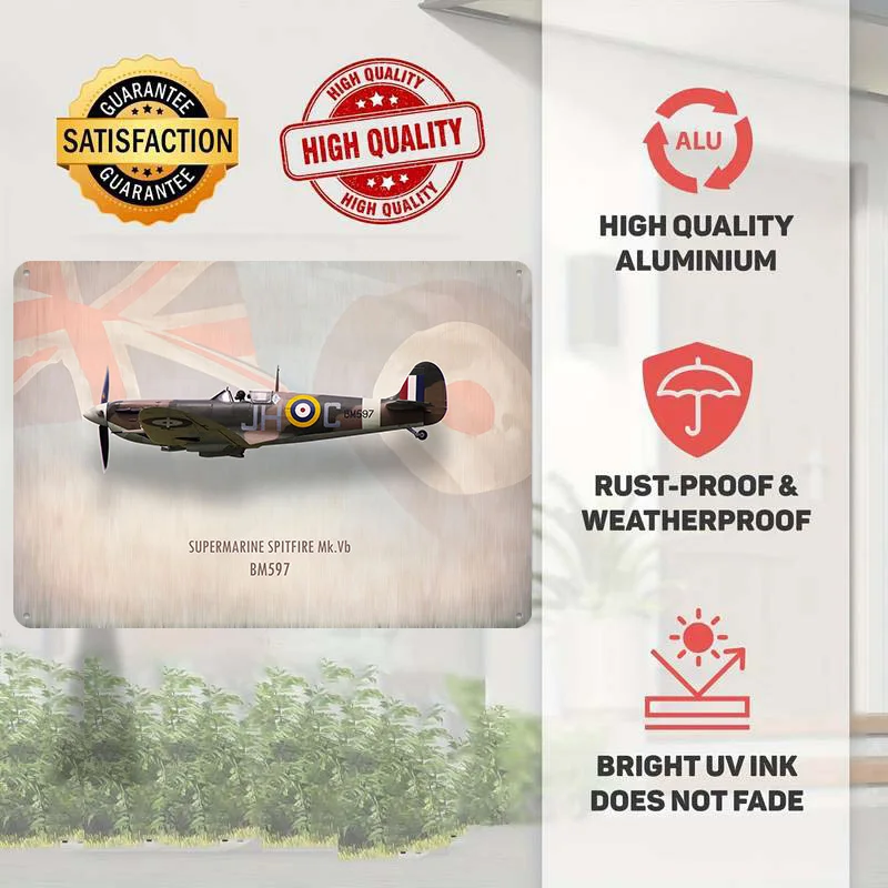 Фото Металлический 3D-постер Supermarine Spitfire Mk Vb BM597 с индивидуальным текстовым дизайном, винтажная жестяная табличка для декора спальни и комнаты №2