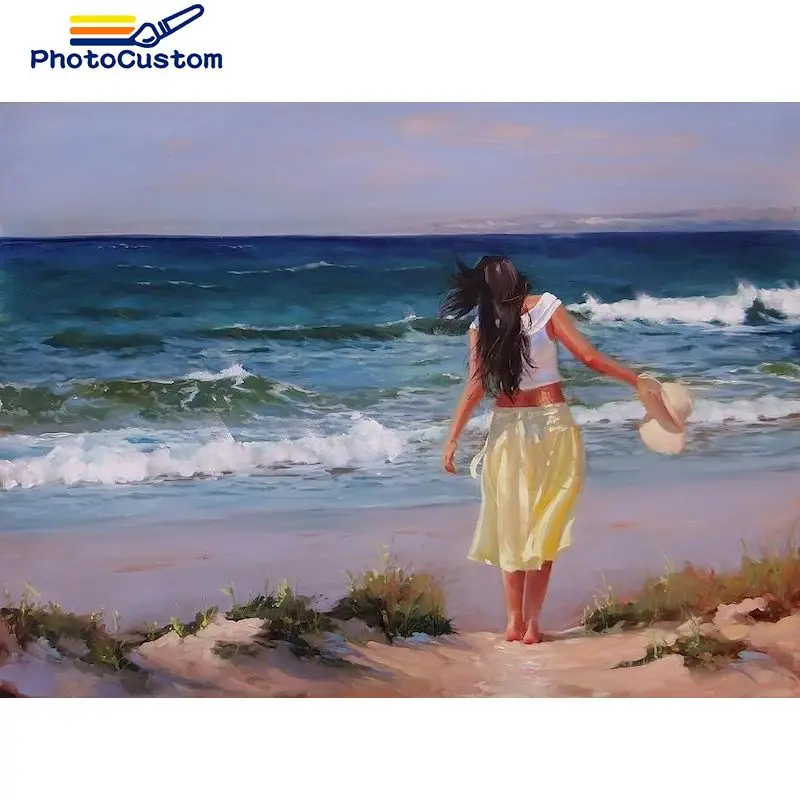 

PhotoCustom DIY Painting By Numbers Seaside girl Canvas Drawing Pictures Oil Painting Portrait HandPainted Home Decoration Gift