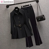 korean fashion elegant womens pants suit fashion leather belt chiffon shirt black silver trousers two piece set office blazer