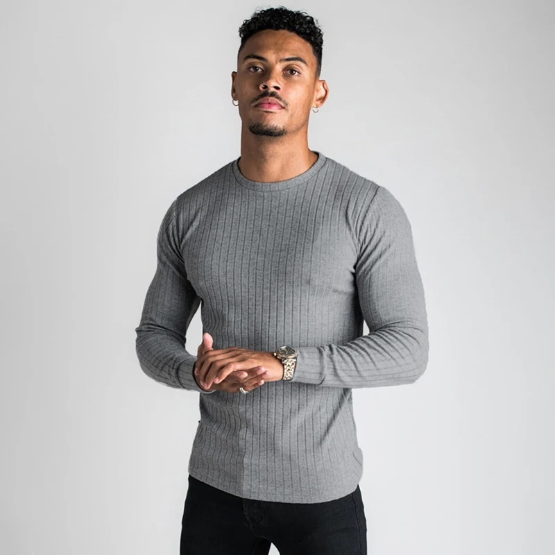 

Fashion vertical grain men's long sleeve T-shirt round neck casual outdoor top jogger fitness elastic fast drying Sportswear