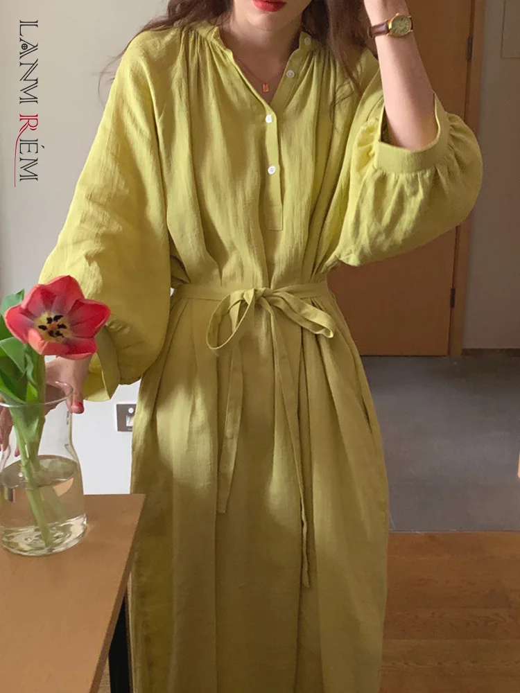 

LANMREM Cotton Liene Yellow Long Sleeve Dress V-neck Pullover Single Breasted Belt Loose 2022 Summer Female New Clothing 2I765