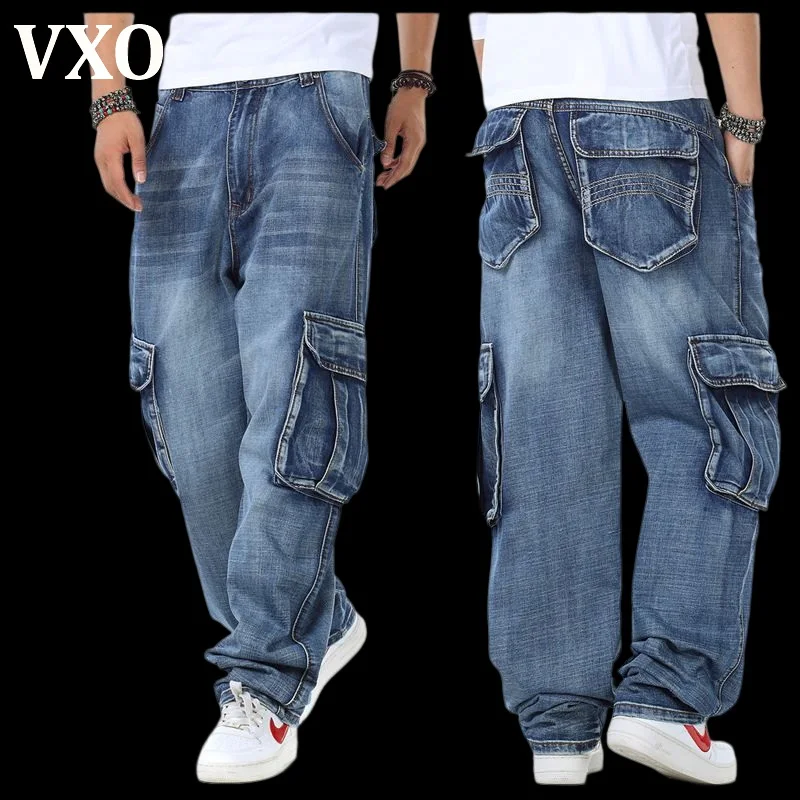 VXO Jeans Men Baggy Jeans Multi Pockets Skateboard Cargo Jeans For Men Tactical Denim Trousers Joggers Size 30-46