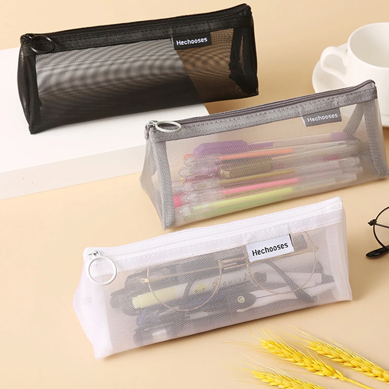

1Pcs Zipper Pencil Cases Simple Mesh Transparent Pen Bags Three-dimensional Triangle Cute School Office Stationery Organizer Box