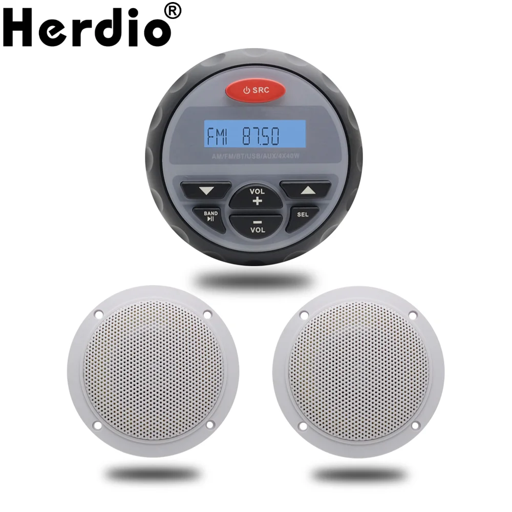 

4" Waterproof Marine Gauge Bluetooth Radio FM AM Audio Stereo + 4'' 2 Way Boat Outdoor Speakers For ATV UTV Golf Cart Yacht