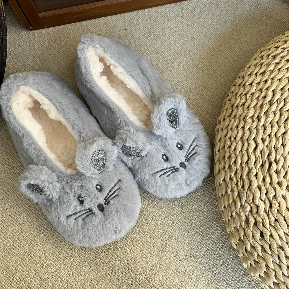 home fuzzy slipper women winter fur contton warm plush non slip grip indoor fluffy lazy female mouse ears embroidery floor shoe free global shipping