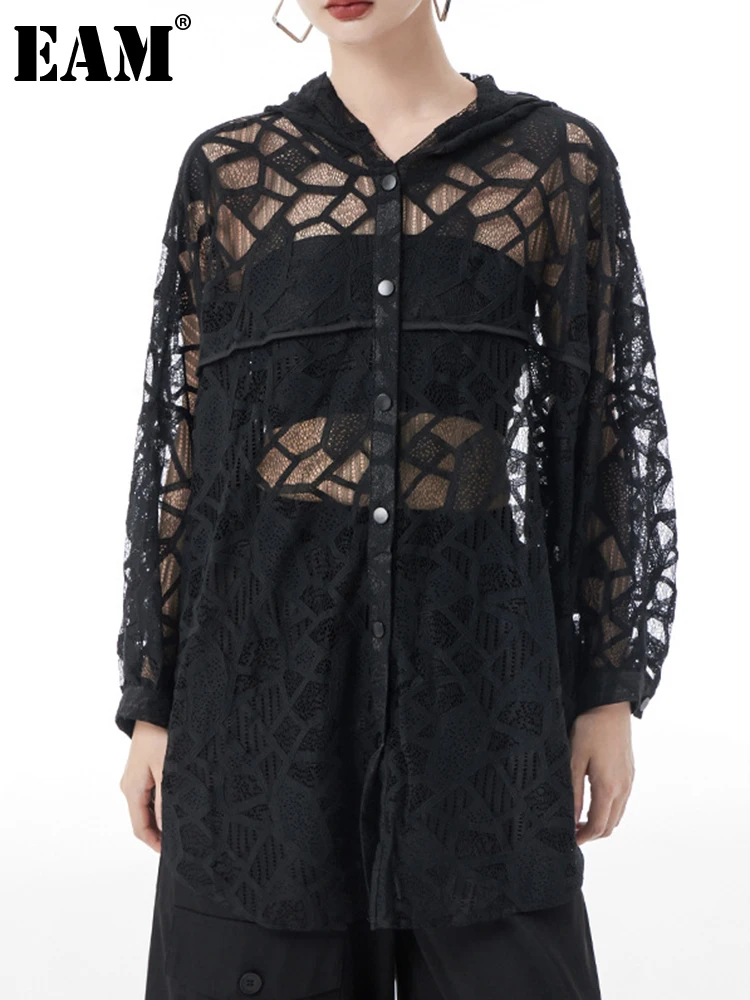 

[EAM] Women Black Hollow Out Big Size Blouse New Hooded Long Sleeve Loose Fit Shirt Fashion Tide Spring Autumn 2023 1DH2956