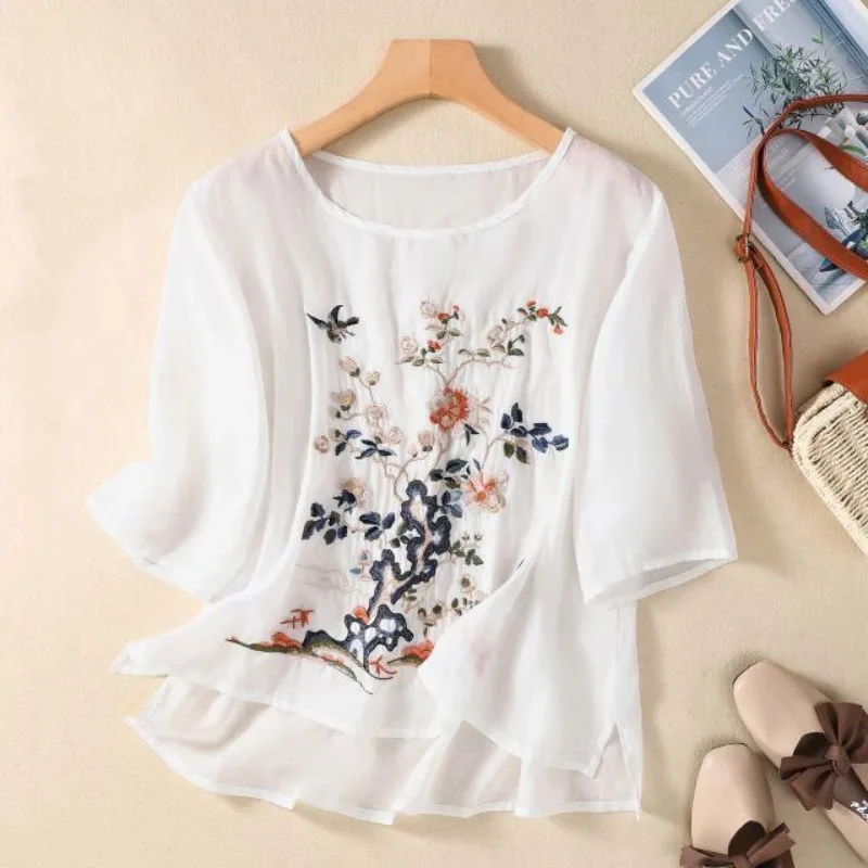 Женская свободная рубашка с вышивкой повседневный тонкий однотонный пуловер