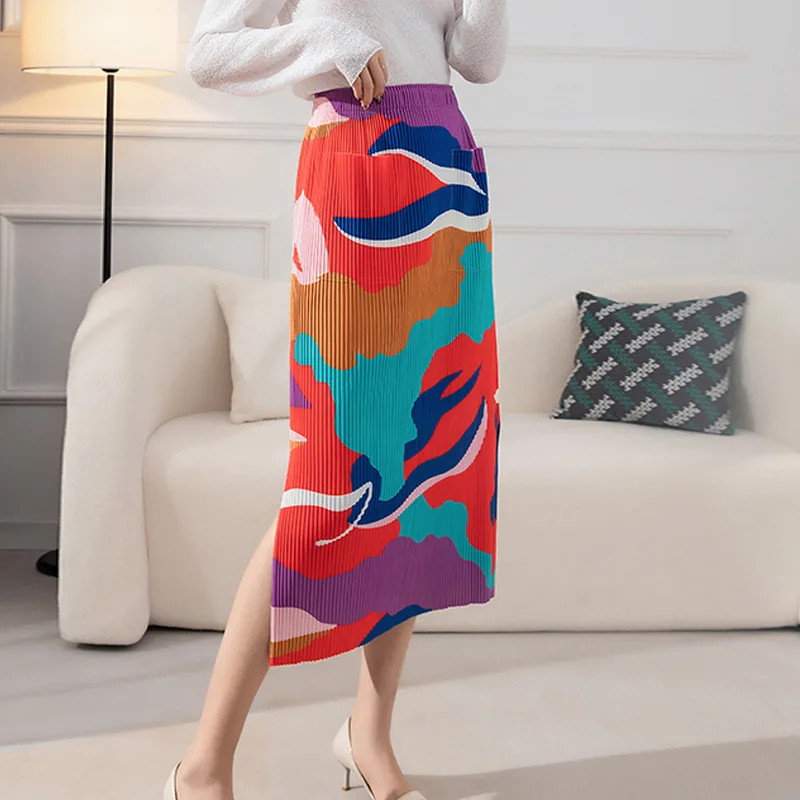

Miyake Woman Pleated Skirt Hit Color Geometric Print High Waist Skirts Pick Hip Elegant Casual Style 2022 New Summer Fashion