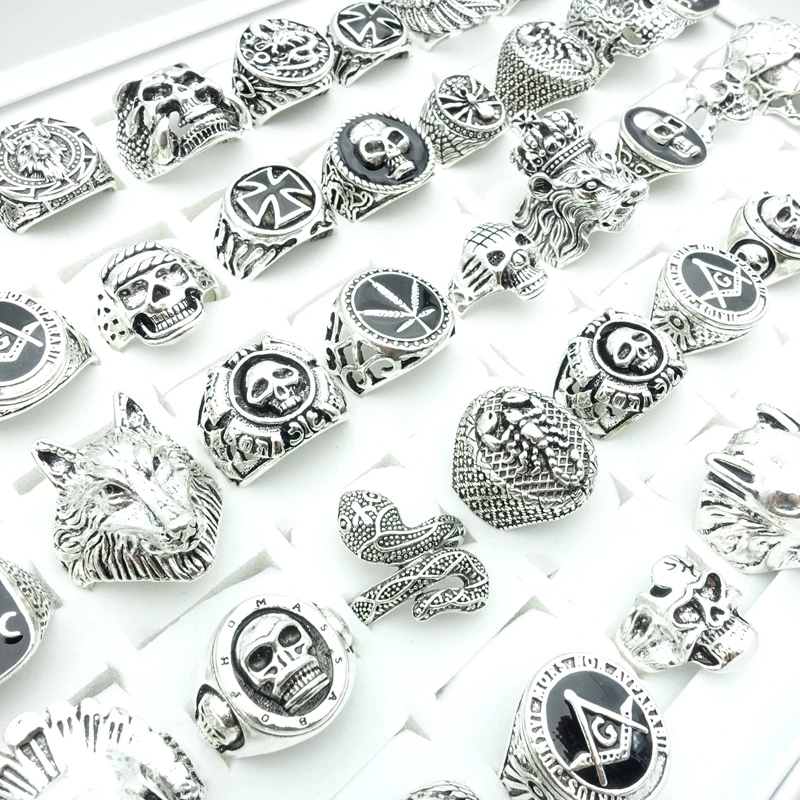 

20/30/50pcs Mens Skull Rings Mix Skeleton Animals Punk Style Fashion Jewelry For Women Party Gift Wholesale Lot Silver Plated