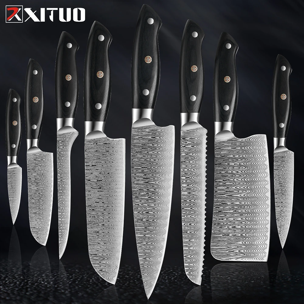 

XITUO Stainless Steel Kitchen Knives Set 1-8pcs 5CR15 440C Laser Damascus Japanese Santoku Cleaver Slicing Utility Chef Knife