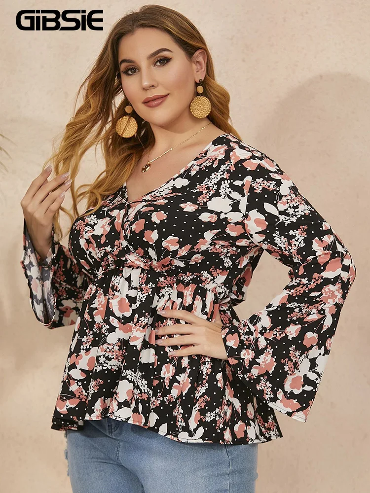 

GIBSIE Plus Size Floral Print V Neck Peplum Blouse Women 2022 Spring Fall Boho Long Sleeve Elastic Female Blouses Tops xxxl 4xl