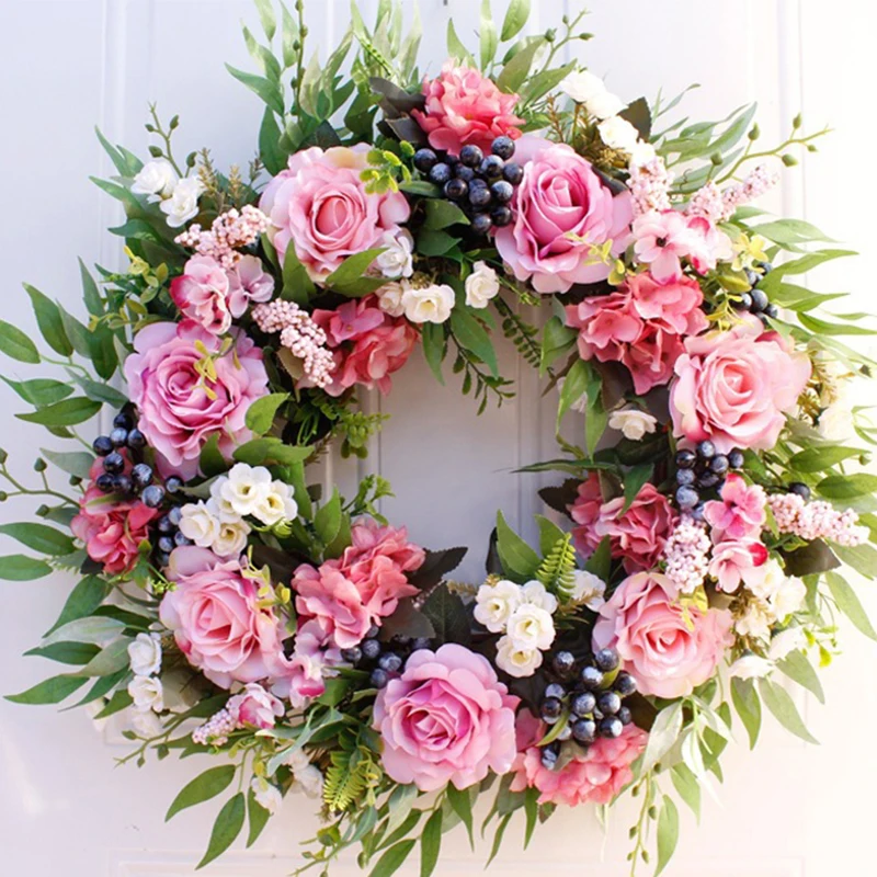 

Artificial Spring Wreath 15.7in Rose Berry Hydrangea Berry Cluster Branch Indoor Outdoor Living Room Meeting Room Decoration