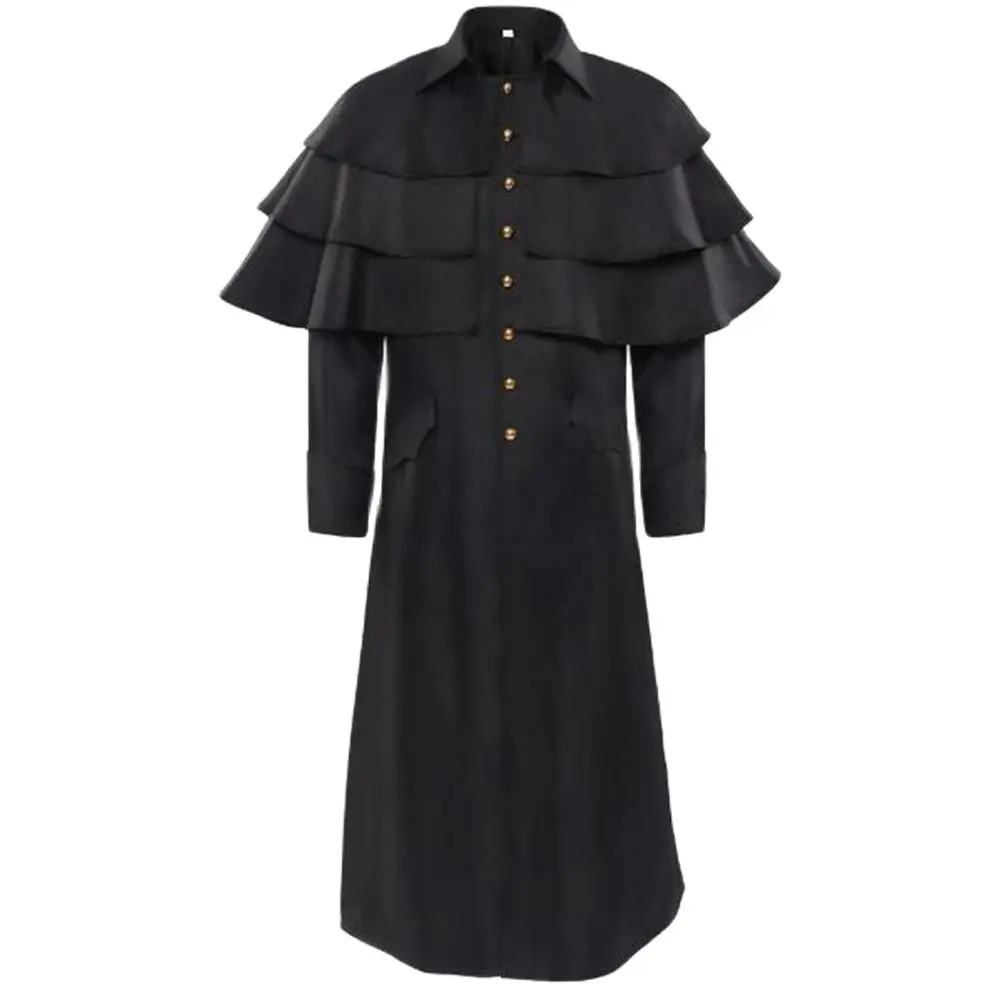 

Men Medieval Church Priest Robe Layer Cape Trench Jacket Cassock Clergy Preacher Stand Collar Minister Choir Roman Pastor