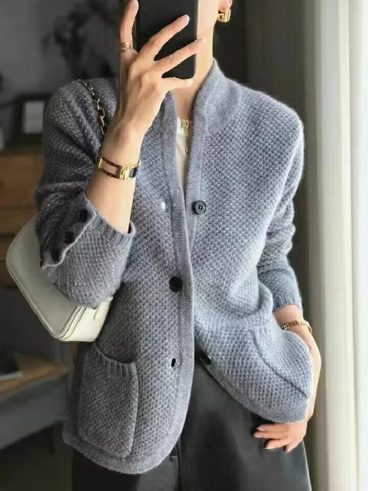 

Office Knit Winter Thickened Cardigan Stand Up Collar Sweater Loose Coat Elegant Casual Chic Ladies Buttons Pockets jacket Tops