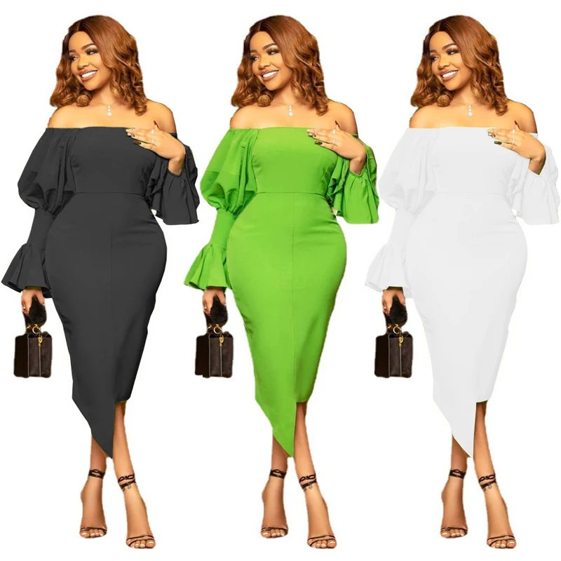 

Women Summer Dress 2023 Cover Up Bikini Beach Sexy Shoulder Lantern Long Sleeve Bevelled Skirt Solid Color Polyester Swimsuit