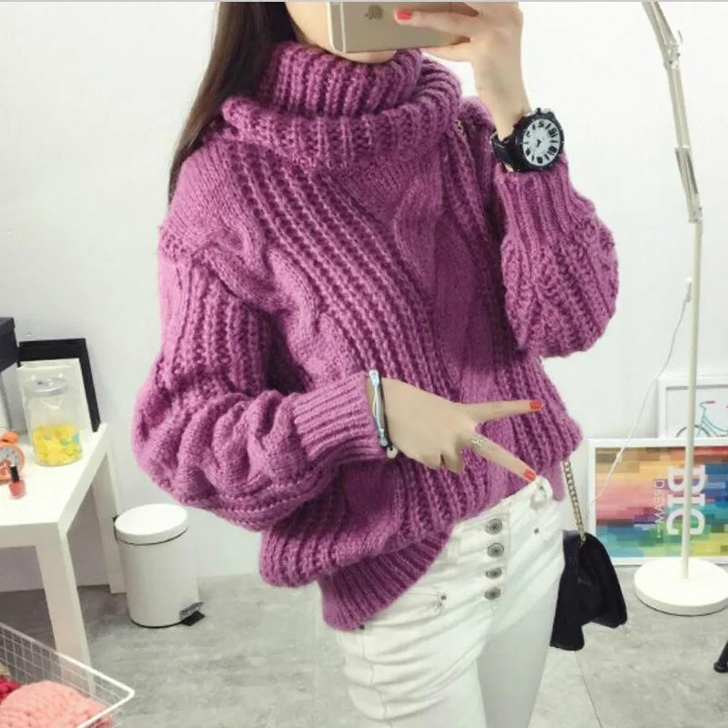 

Women Thicken Turtleneck Twist Sweater Winter Oversized Hemp Twist Crocheted Pullovers High Neck Loose Knitted Shirts Tops New