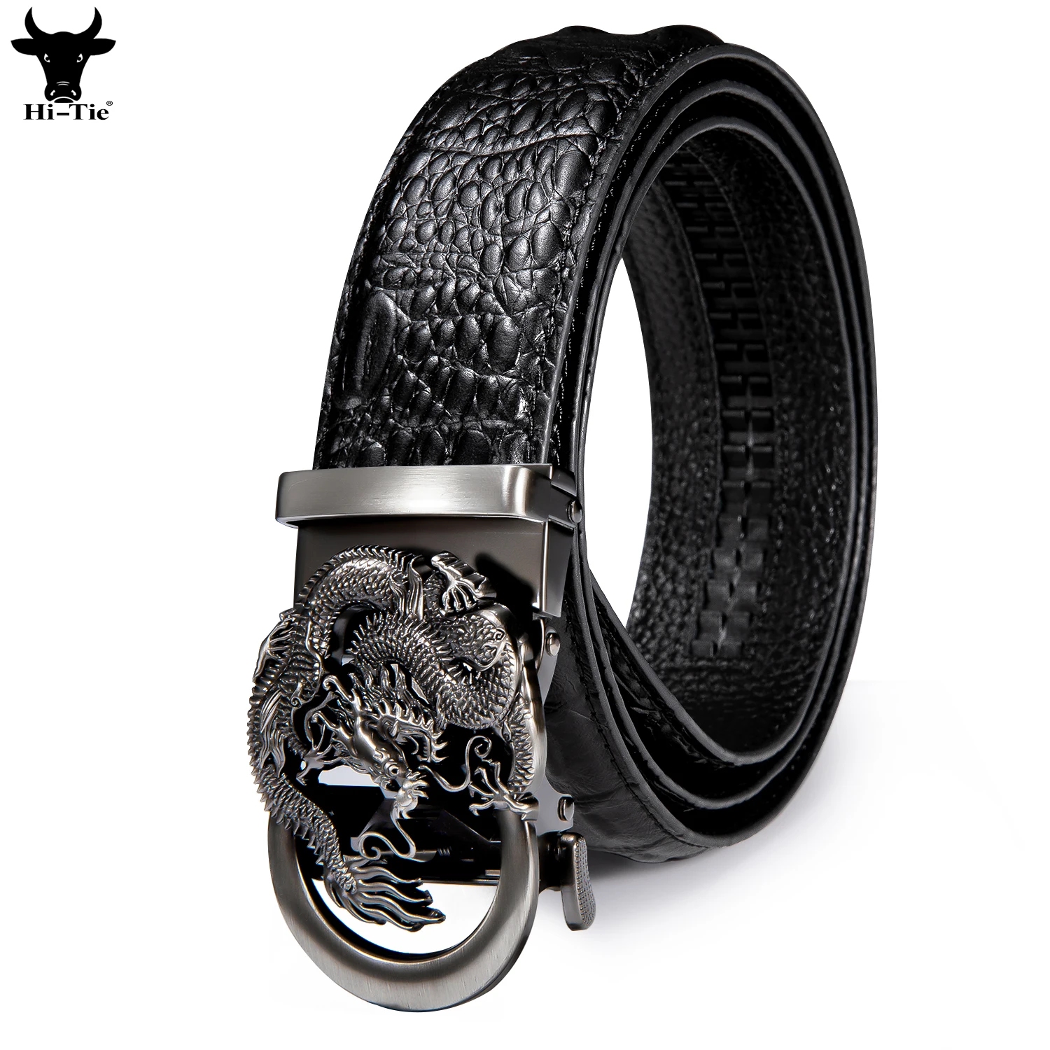 Hi-Tie Dragon Automatic Buckles Mens Belts Black Crocodile Pattern Leather Ratchet Vintage Waistband Belt for Men Jeans Dress XL