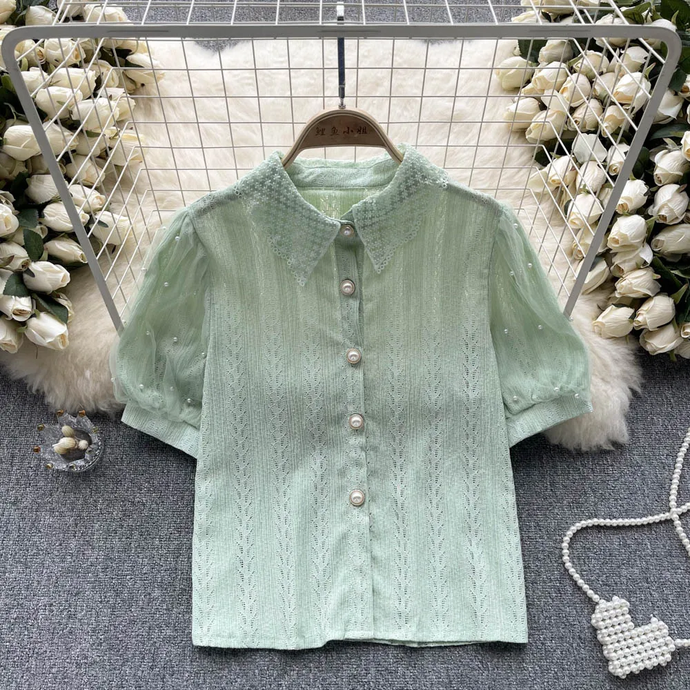 

Summer Retro New Style Lapel Studded Mesh Bubble Sleeve Lace Shirt Temperament Chiffon Top