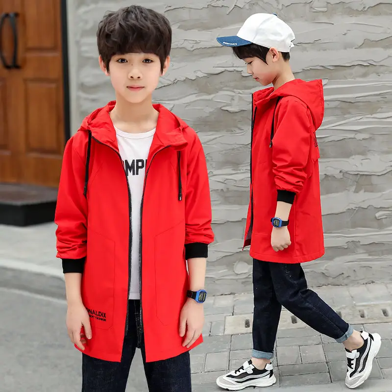

Boy Hooded Jacket Spring Autumn Trench Models Long Windbreaker Teenager Kid Fall Clothes Child Zipper Coats 2 To 13 14 Years Old