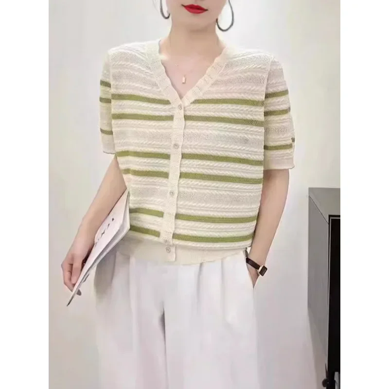 Искусственный кардиган из ледяного шелка с v-образным вырезом полосатый вязаный