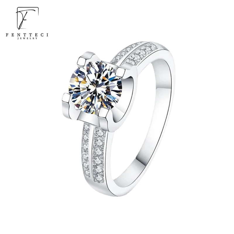 FENTTECI Classic Platinum D Color Moissanite Diamond Ring Pt950 Luxury Fine Jewelry For Engagement Wedding Anniversary For Women