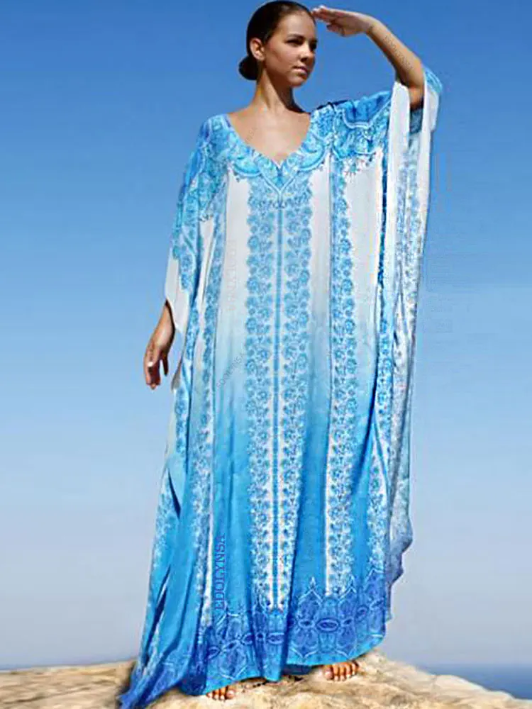 

Blue Kaftan Beach Cover up 2023 Summer Women Beach Wear Cotton Tunic Oversize Bikini Cover-ups Robe de Plage Sarong Q774