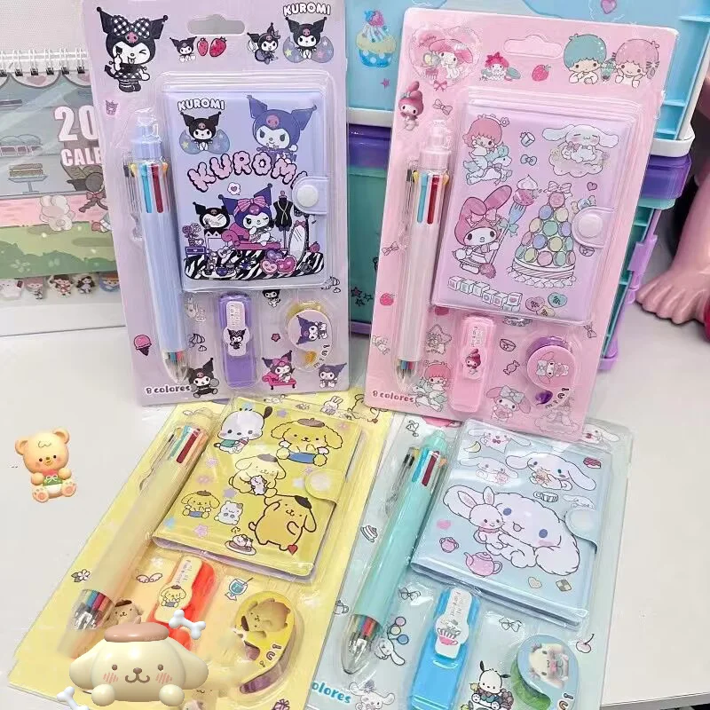 

12pcs Anime Kawaii Sanrio Kuromi Notebook Set Cinnamoroll My Melody 8 Color Ballpoint Pen Tape Sticker Set Stationery Wholesale