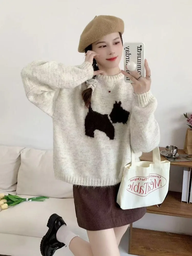 Ezgaga свитер женский с рисунком собаки осень-зима модные свободные эластичные