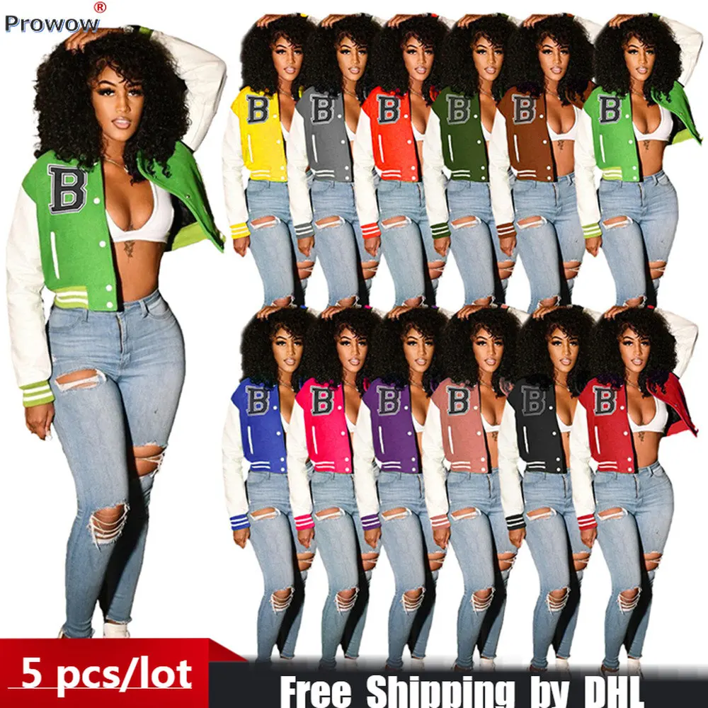 

Bulk Items Wholesale Baseball Uniform Women Crop Tops Casual B Print Bomber Jackets Long Sleeve Outer Patchwork Lady Coats 8805