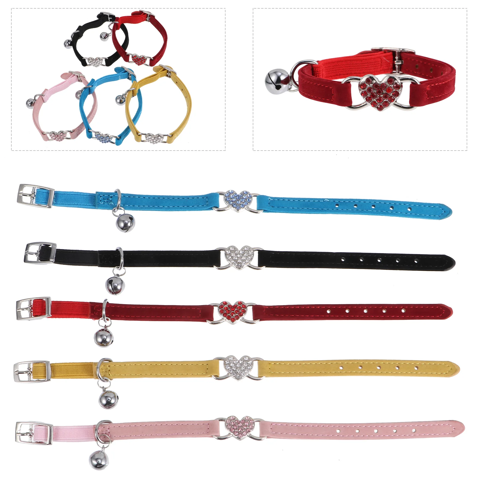 

5 шт. Регулируемый ошейник для кошек с подвеской-колокольчиком и сердцем Стразы