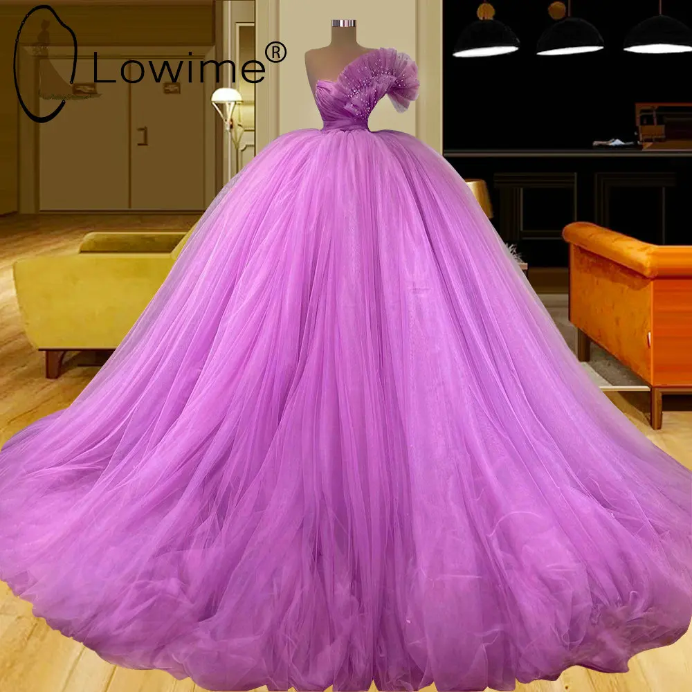 

Purple Puffy Ball Gown Tulle Evening Gowns 2022 One Shoulder Crystals Sweety 16 Quinceanera Dresses for Women Party Customize