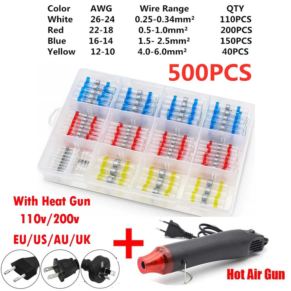 

500pcs 1.5-6.0mm Waterproof Solder Seal Heat Shrink Butt Wire Connector Electrical Splice Terminal Kit with Heater 110/220V