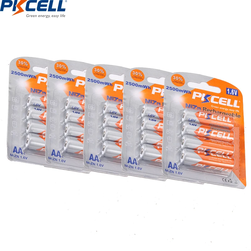 

20PC/5card PKCELL AA 2500mWh Battery 1.6V Ni-Zn AA Rechargeable Batteries 2A Nickel-Zinc nizn Battery For flashlight toys