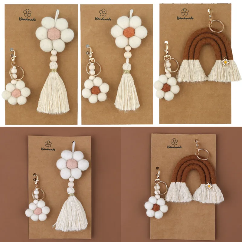 

2 pcs Nordic Style Macrame Rainbow Keychains Boho Home Bedroom Decor Haning Toys Handwoven Cotton Flower Key Ring for Car Bag Ch