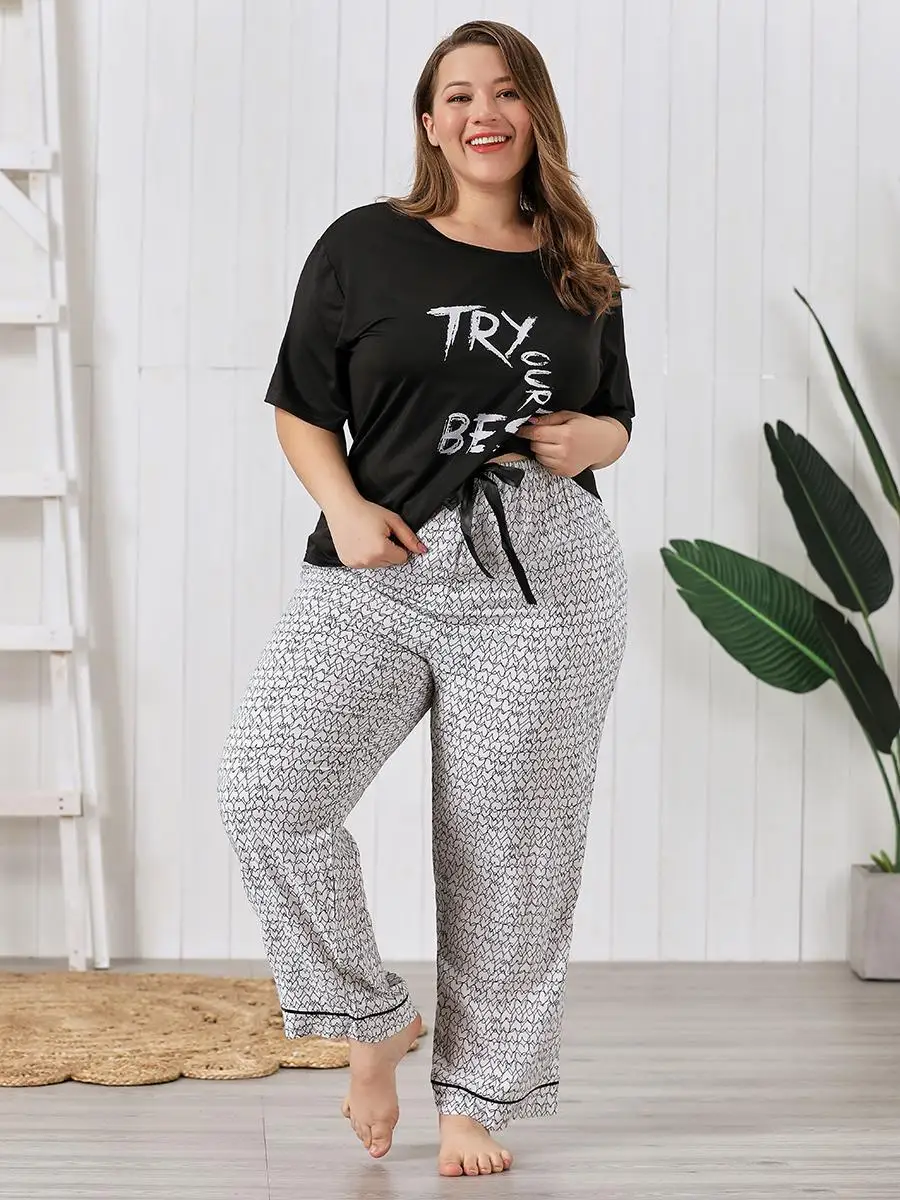  Women's Pajamas Summer Sets Shorts Sleeve O-neck Tshirt Printed Lace-up Straight Trousers Lounge Wear Women Clothing